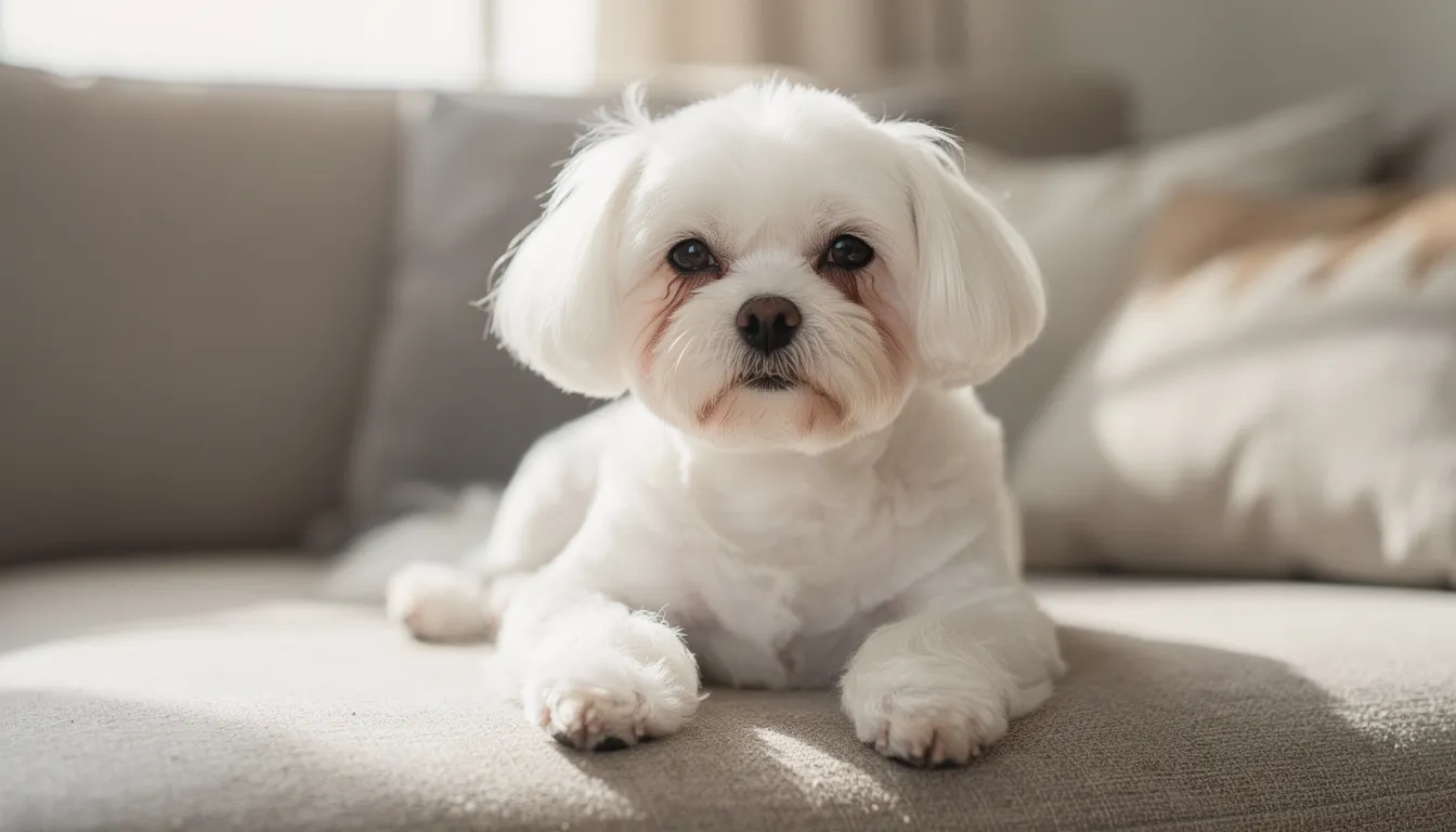 Na kanapie leży biały maltańczyk z delikatnymi brązowymi zaciekami pod oczami, które mogą być efektem obfitego łzawienia. Jego biała sierść jest miękka i lśniąca, a pies wygląda na zrelaksowanego w domowym otoczeniu.