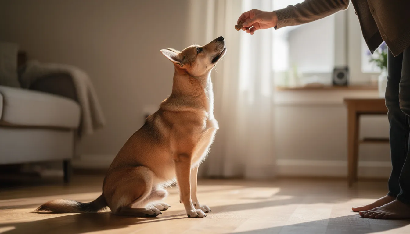 Na obrazku widzimy dorosłego psa w pozycji siedzącej, który z uwagą patrzy na swojego właściciela trzymającego smakołyk nad jego głową. W tej sytuacji pies uczy się komendy "siad", co wzmacnia więź między nim a opiekunem oraz pomaga w treningu podstawowych komend.