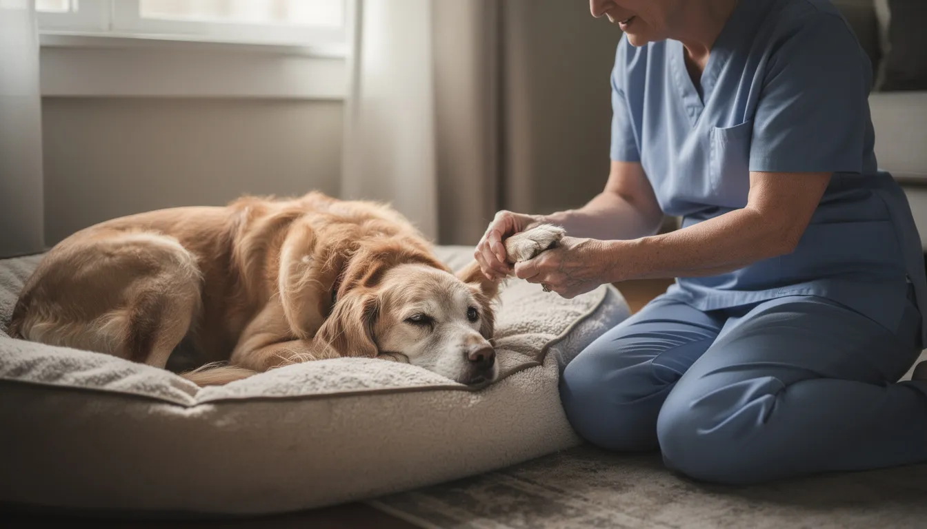 Na zdjęciu widoczny jest opiekun siedzący obok starszego psa leżącego na legowisku, delikatnie trzymający go za łapę. Pies wygląda na chorego, co może sugerować problemy z sercem, takie jak niewydolność serca, a opiekun wyraża troskę i wsparcie w trudnym czasie.