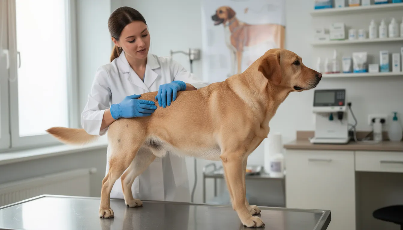 Na obrazku widać psa rasy labrador, który jest badany przez weterynarza. Lekarz delikatnie bada skórę pupila, co może być istotne w przypadku podejrzenia kaszaka lub innych zmian skórnych.