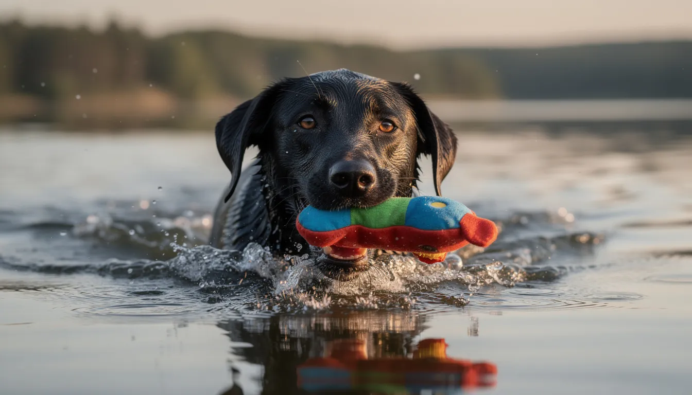 Na obrazie widać flat coated retrievera pływającego w jeziorze, trzymającego w pysku aportowaną zabawkę. Pies ma gładką sierść i wydaje się radosny, ciesząc się wodnymi zabawami.