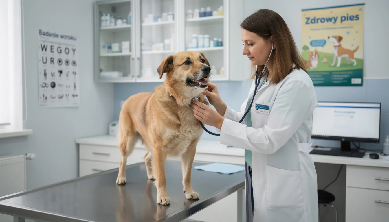 Na zdjęciu widoczny jest pies podczas badania weterynaryjnego w gabinecie. Lekarz weterynarii sprawdza stan zdrowia psa, co może obejmować diagnostykę boreliozy, w tym poszukiwanie objawów choroby odkleszczowej, takich jak powiększenie węzłów chłonnych czy obrzęk stawów.