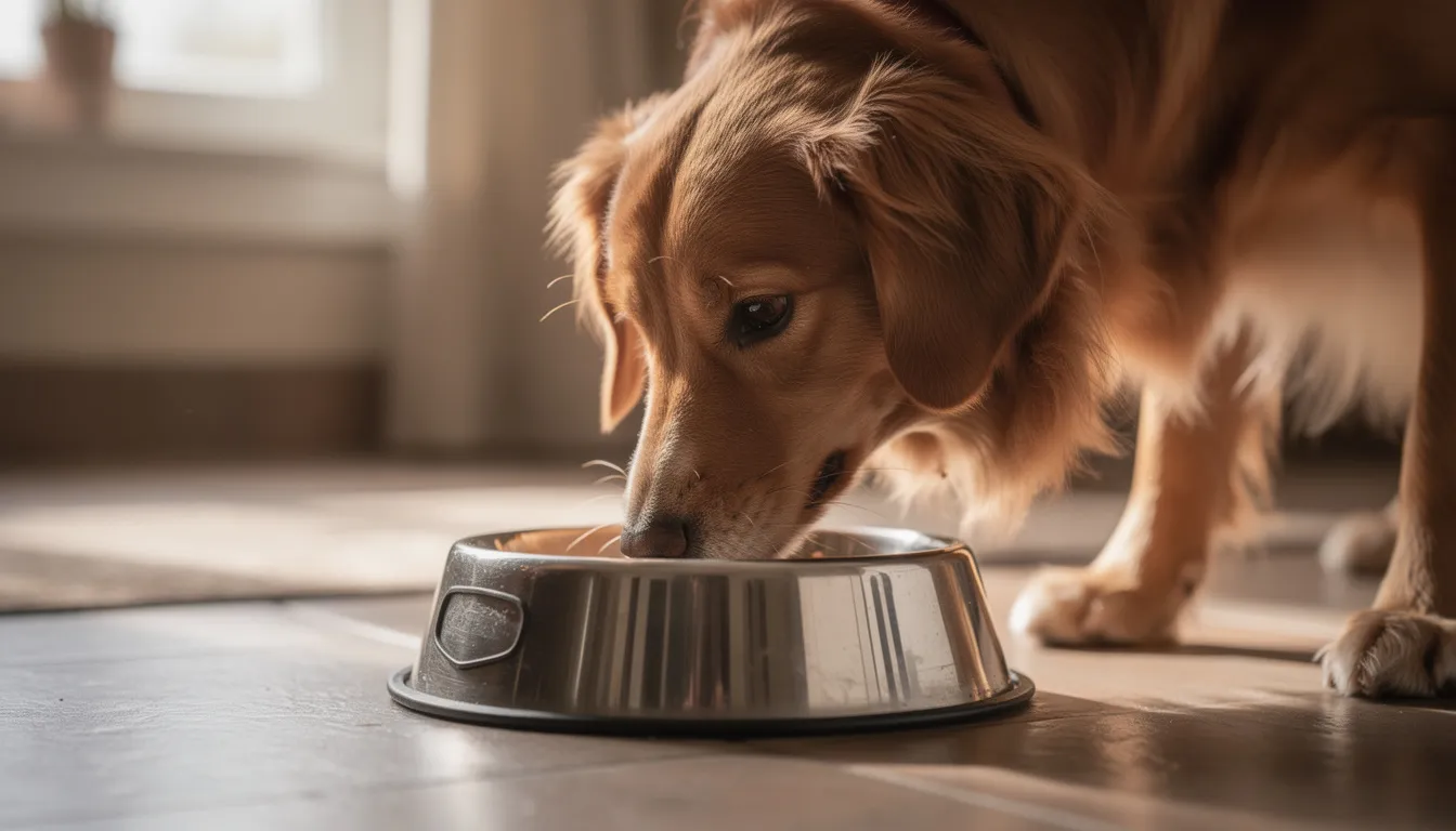 Zdrowy pies z lśniącą sierścią spożywa gotowane jedzenie z metalowej miski, co wskazuje na odpowiednią dietę dostosowaną do jego potrzeb żywieniowych. W misce znajdują się składniki odżywcze, takie jak gotowane mięso i warzywa, co sprzyja jego zdrowiu.