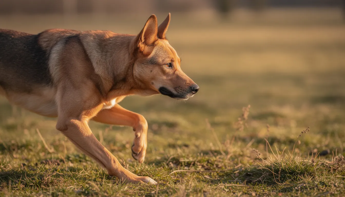 Pies w pozycji gotowej do biegu, z intensywnym spojrzeniem, obserwuje coś w oddali, co przyciąga jego uwagę. Jego oczy, przystosowane do wykrywania ruchu, zdradzają gotowość do akcji, co jest charakterystyczne dla ras psów, które posiadają większą wrażliwość na bodźce wizualne.