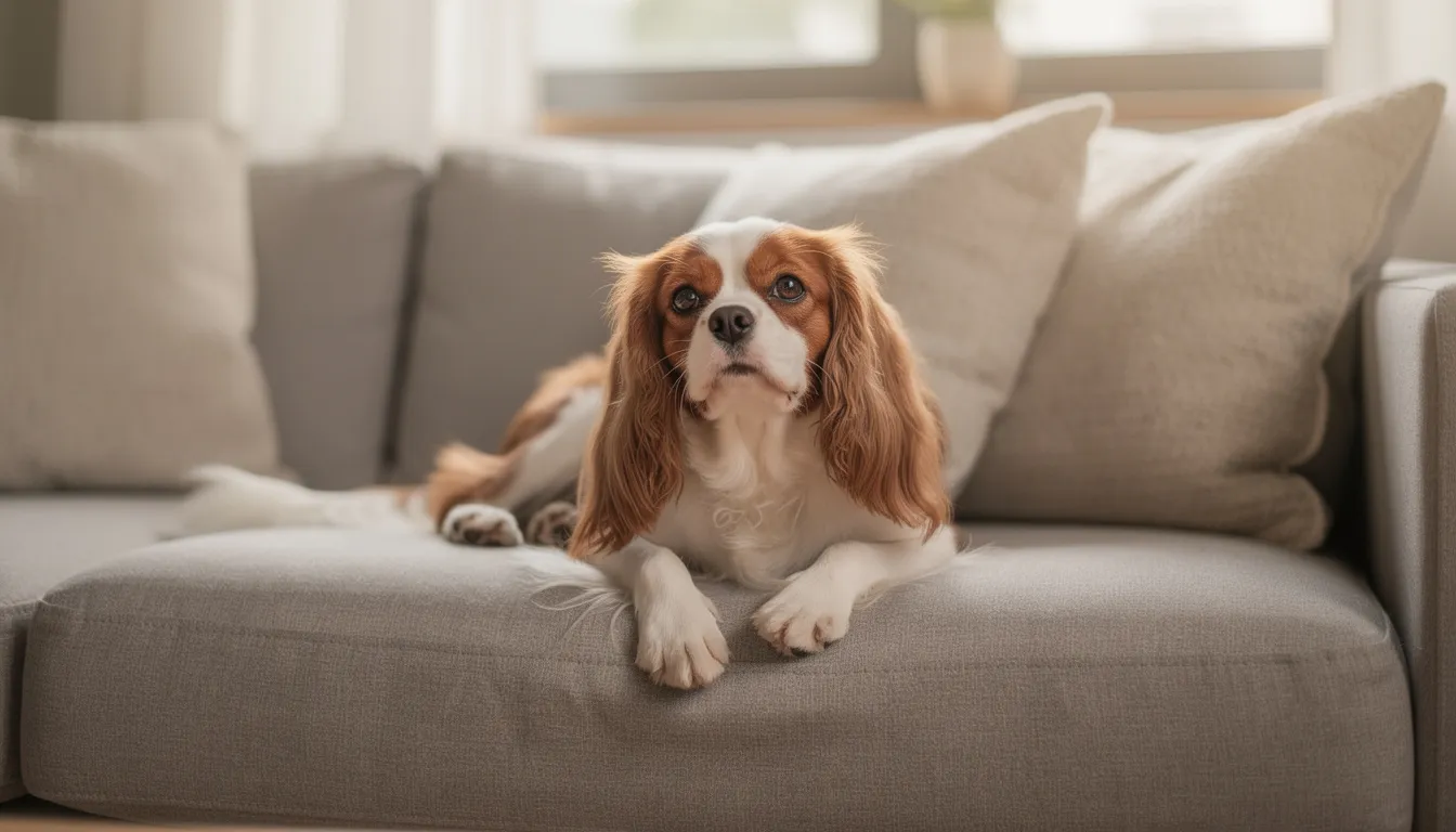 Na kanapie leży mały pies rasy cavalier king charles spaniel, charakteryzujący się przyjaznym usposobieniem i niewielkimi rozmiarami. Ten malutki piesek jest doskonałym towarzyszem, idealnym do życia w małym mieszkaniu.