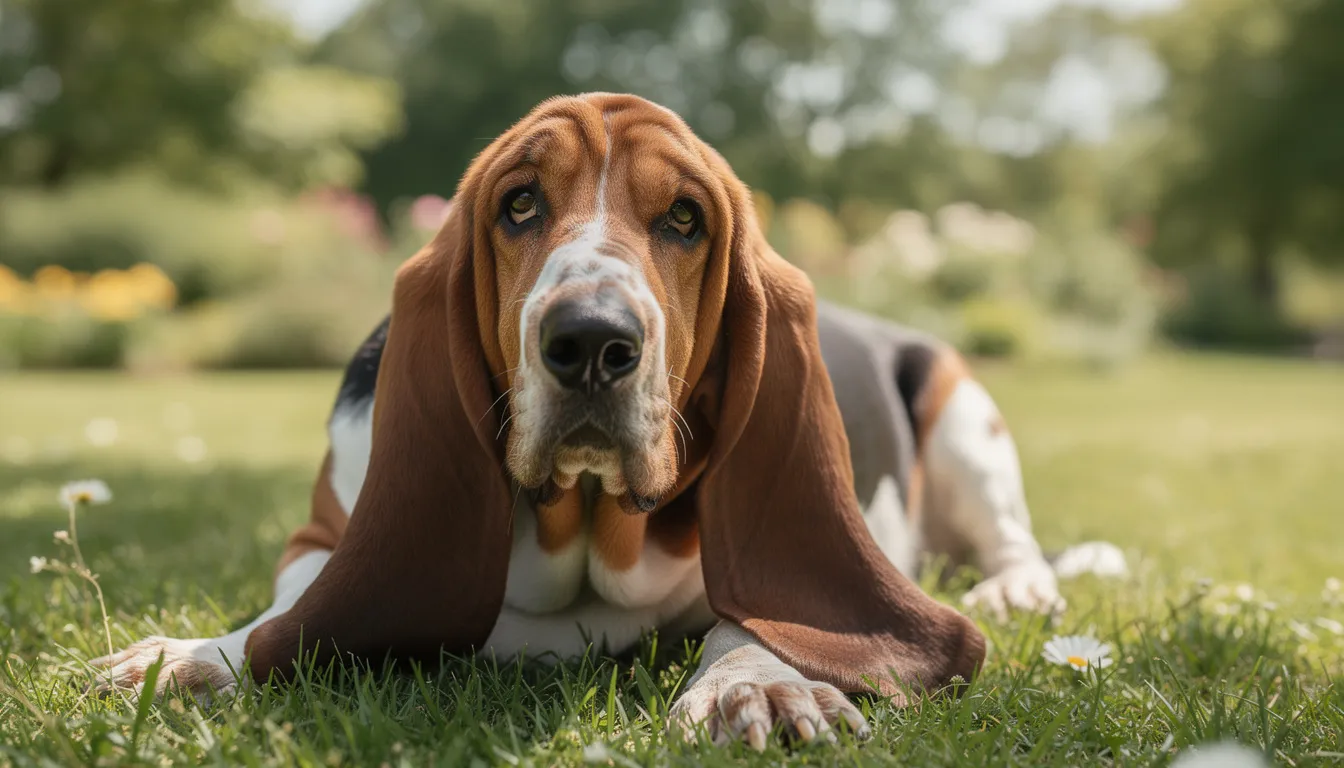 Na zdjęciu widać psa rasy basset hound z długimi, zwisającymi uszami, leżącego na zielonej trawie. Jego łagodny charakter sprawia, że jest doskonałym towarzyszem dla miłośników czworonogów.
