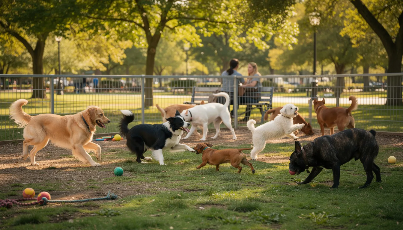 Na zdjęciu widoczna jest grupa psów różnych ras, które bawią się razem na psim wybiegu w parku. W tle można dostrzec zieloną trawę oraz drzewa, co tworzy przyjemną atmosferę dla psów, które są w pełni zdrowe dzięki regularnym szczepieniom, takim jak szczepienie przeciwko wściekliźnie.