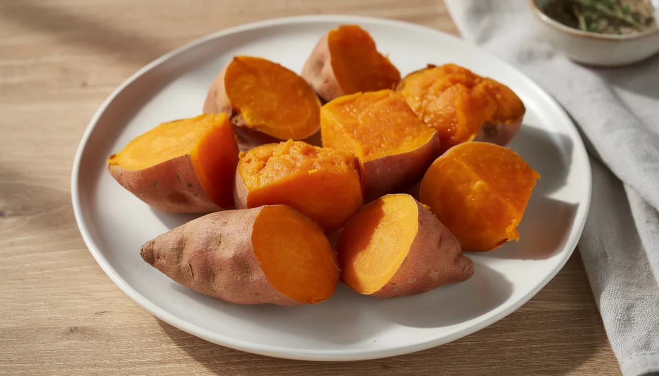 Na zdjęciu znajdują się ugotowane bataty i dynia, pokrojone na kawałki, które mogą być zdrowym dodatkiem do diety psa. Te warzywa dostarczają cennych składników odżywczych, wspierających zdrowie układu pokarmowego.