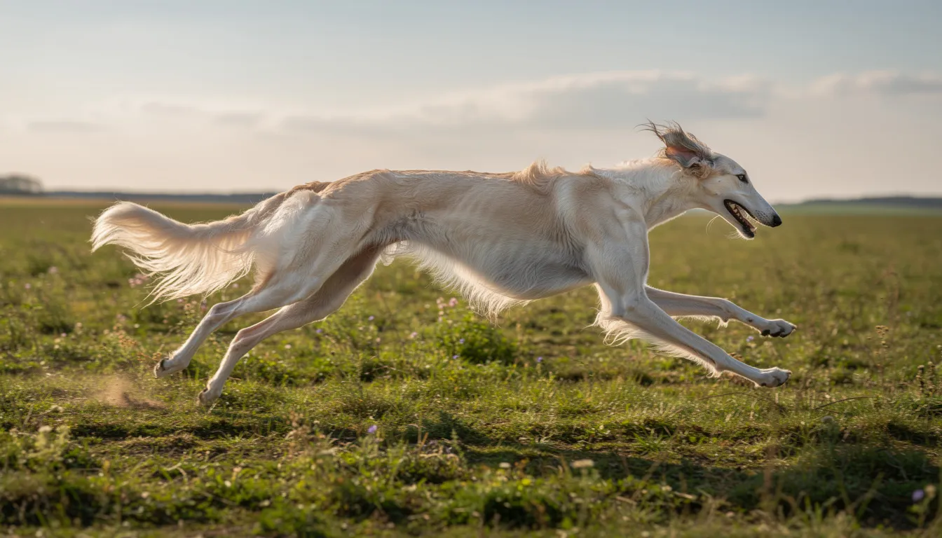 Na zdjęciu widać charta borzoja, dużego psa o atletycznej budowie, biegnącego pełnym pędem po otwartym polu. Jego długi pysk i długa sierść unoszą się w powietrzu, co podkreśla jego szybkość i zdolności łowieckie, które są charakterystyczne dla tej jednej z najstarszych ras psów.