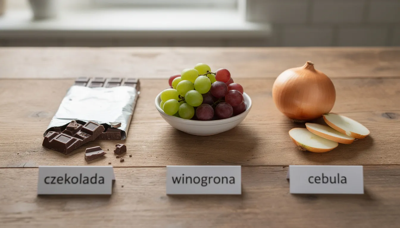 Na stole znajdują się toksyczne produkty dla psów: czekolada, winogrona i cebula, które są szczególnie niebezpieczne dla psów rasy shih tzu. Spożycie tych substancji może prowadzić do poważnych problemów zdrowotnych, w tym ryzyka zatrucia i uszkodzenia nerek.