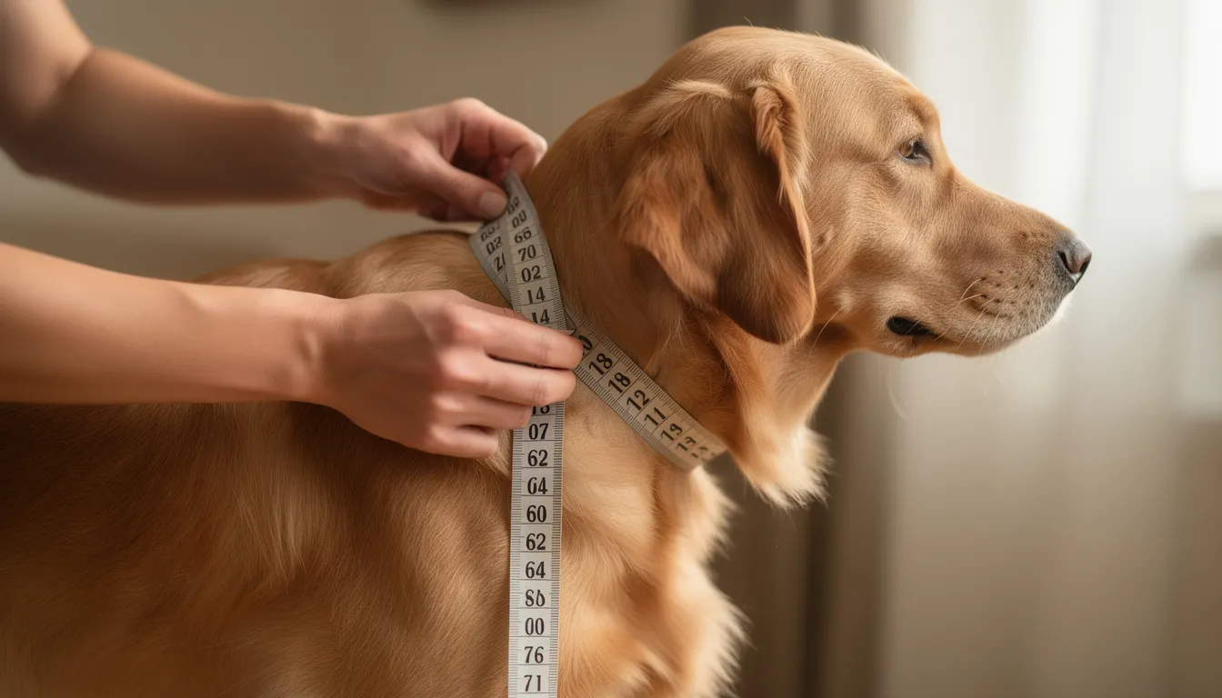 Na zdjęciu widoczne są dłonie, które precyzyjnie mierzą szyję golden retrievera elastyczną miarką krawiecką, co może pomóc w dobraniu odpowiedniej obroży skórzanej dla psa. W tle można dostrzec akcesoria dla zwierząt, co sugeruje, że właściciele dbają o komfort i bezpieczeństwo swoich czworonogów.