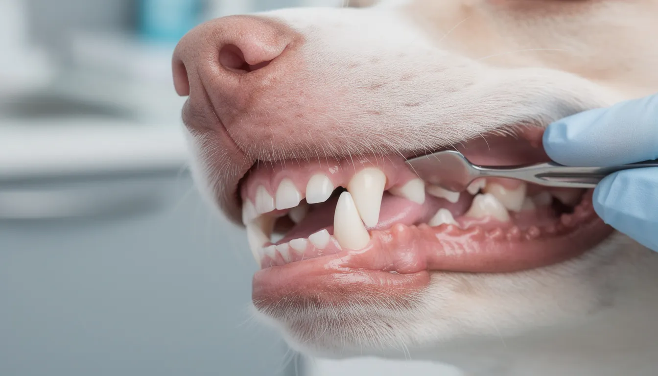 Na zbliżeniu widać zdrowe, różowe dziąsła psa podczas badania jamy ustnej, co wskazuje na prawidłową higienę jamy ustnej. Brak objawów zapalenia dziąseł, takich jak obrzęk czy zaczerwienienie, sugeruje dobre zdrowie jamy ustnej czworonoga.