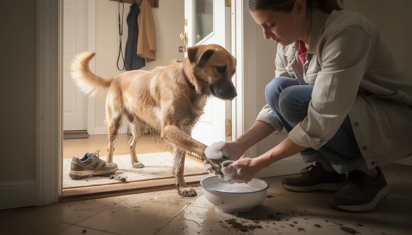 Właściciel myje łapy psa po spacerze, aby usunąć zanieczyszczenia i zapobiec stanom zapalnym skóry, takim jak zapalenie międzypalcowe. Pies stoi spokojnie, a w tle widać zieloną trawę i kilka drzew.