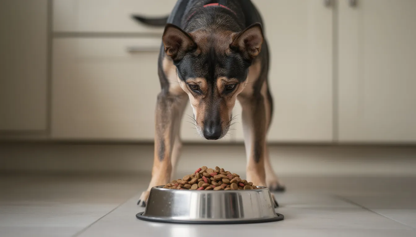 Na obrazku widoczny jest pies z usztywnioną postawą ciała, stojący nad swoją miską z jedzeniem, co sugeruje, że broni swoich zasobów. Jego zachowanie może wskazywać na potrzebę ochrony posiłku przed innymi psami lub obcymi osobami.