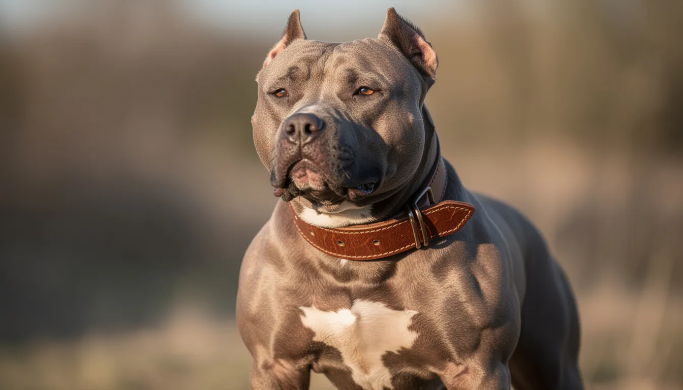 Na zdjęciu znajduje się umięśniony pies rasy amstaff z szeroką brązową obrożą skórzaną na szyi, która podkreśla jego mocną sylwetkę. Obroża została zaprojektowana z myślą o dużych psach, zapewniając im komfort i bezpieczeństwo podczas spacerów.