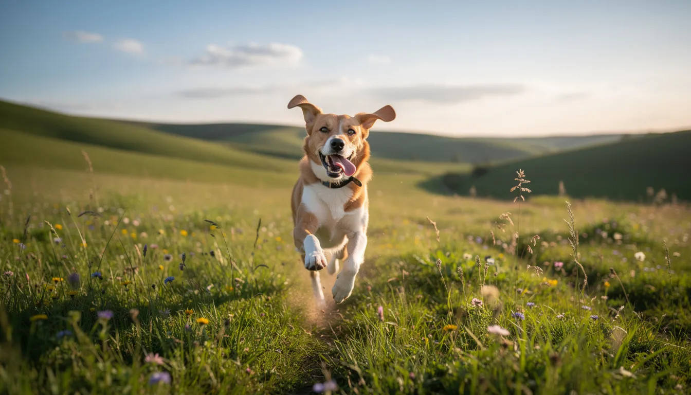 Na zdjęciu widać szczęśliwego psa, który biega po zielonej łące podczas spaceru, ciesząc się swobodą. Jego radosne zachowanie przypomina o tym, jak ważne jest zdrowe i szczęśliwe życie pupila.