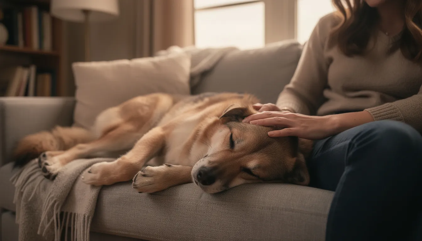Właściciel delikatnie głaszcze spokojnego psa leżącego na kanapie, co sugeruje bliską więź między nimi. Warto pamiętać, że regularne szczepienie psa przeciwko wściekliźnie jest kluczowe dla ochrony zdrowia zwierząt i zapobiegania chorobom zakaźnym.
