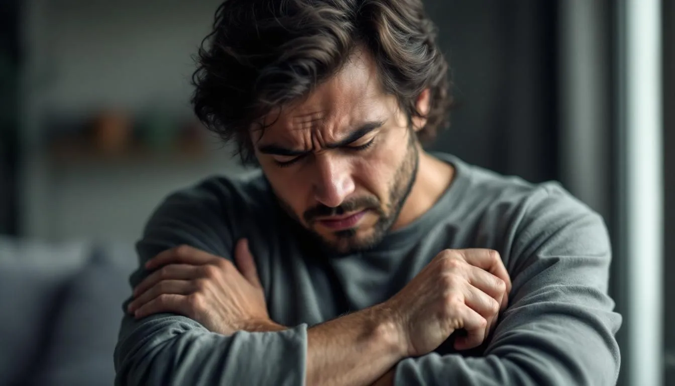 Na obrazku widoczny jest pies z napiętym ciałem, który unika kontaktu wzrokowego, co może być sygnałem agresywnych zachowań. Jego postawa sugeruje, że może odczuwać lęk lub niepewność, co jest istotne w rozpoznawaniu agresji lękowej u psa.