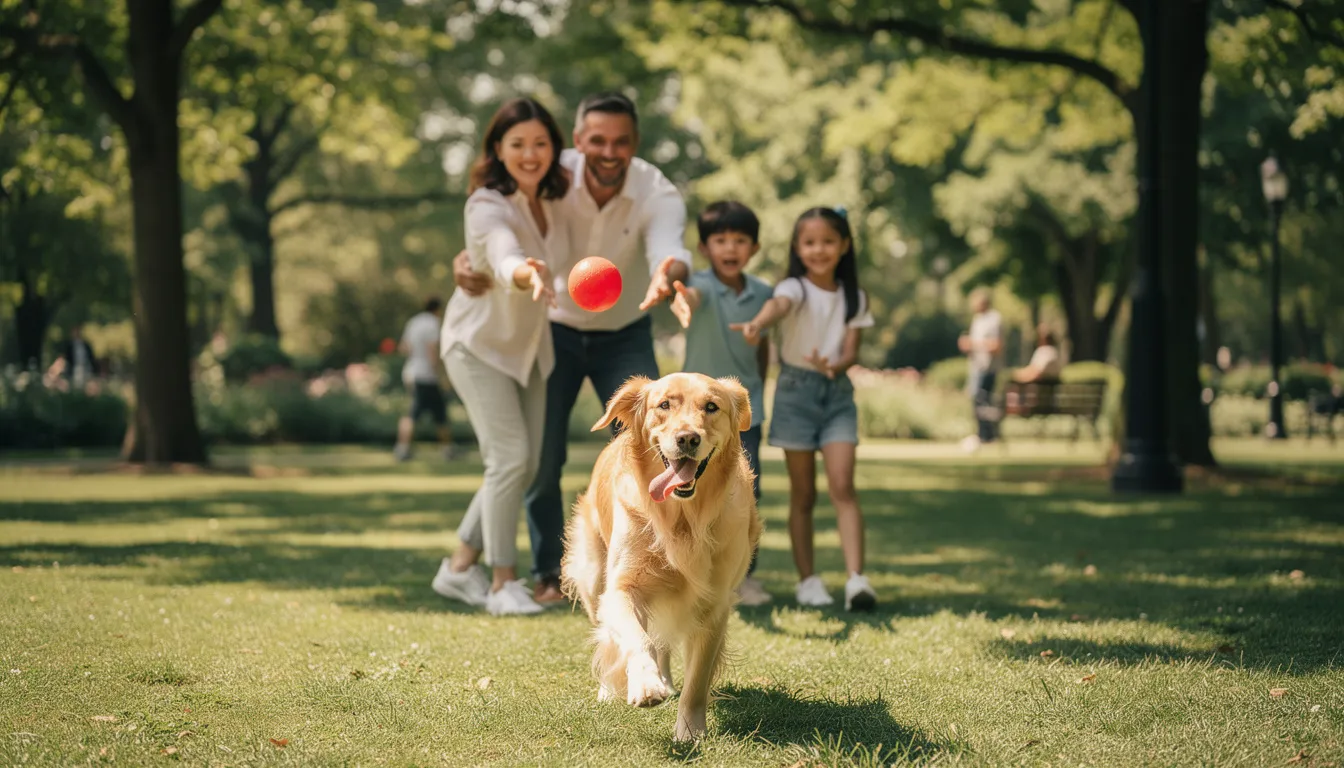 Na zdjęciu widoczna jest rodzina bawiąca się z dorosłym golden retrieverem w parku. Pies tej rasy, o łagodnym charakterze i pięknym, złotym futrze, radośnie biega obok dzieci, które go głaszczą i rzucają mu piłkę.