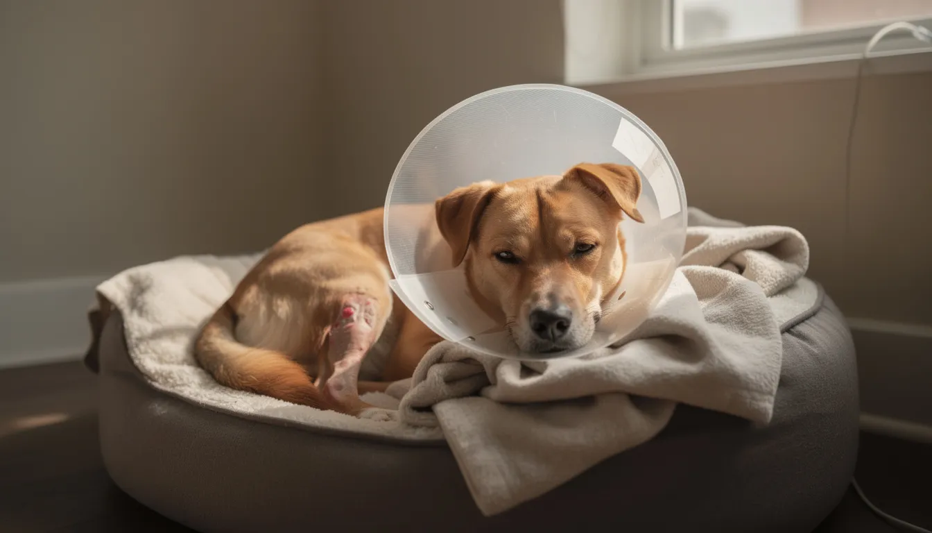 Na obrazku widoczny jest pies z kołnierzem ochronnym, który odpoczywa na miękkim posłaniu po chirurgicznym usunięciu zmiany, co może być związane z przypadkiem czerniaka jamy ustnej. Pies wygląda na zrelaksowanego, co może świadczyć o poprawie jakości życia po zabiegu.