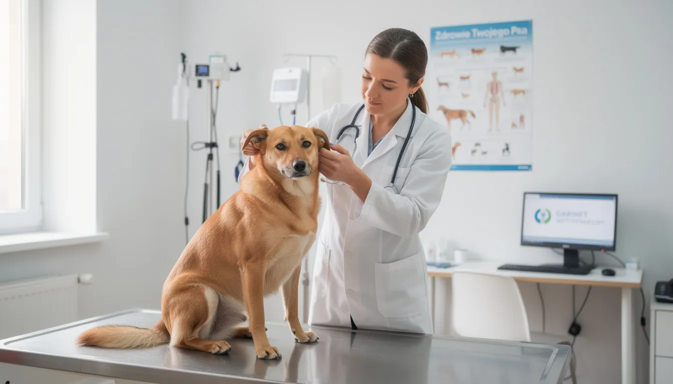 Na zdjęciu widoczny jest pies w gabinecie weterynaryjnym, gdzie lekarz weterynarii przeprowadza badanie. Pies wydaje się być zaniepokojony, co może sugerować objawy takie jak wymioty, które mogą być spowodowane różnymi problemami zdrowotnymi.