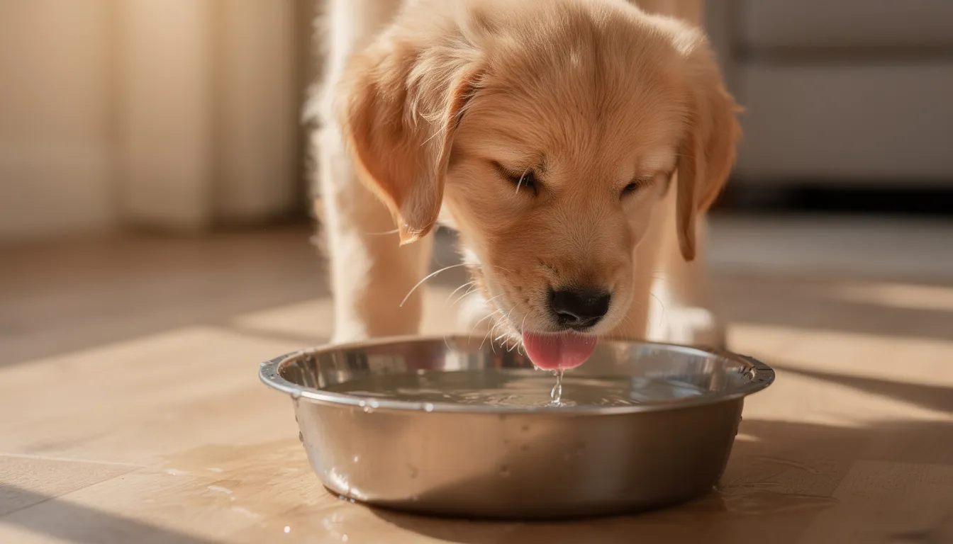 Szczeniak rasy golden retriever pije wodę z miski, z wyraźnym skupieniem i radością. Woda jest niezbędnym składnikiem diety szczeniaka, wspierającym jego prawidłowy rozwój i zdrowie.