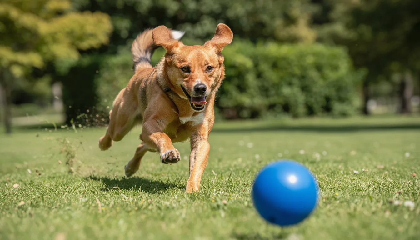 Na zdjęciu widzimy psa biegnącego po zielonej trawie za niebieską piłką, a w tle rozmyte zielone otoczenie. Psy widzą kolory w inny sposób niż ludzie, co wpływa na ich postrzeganie tego dynamicznego momentu.