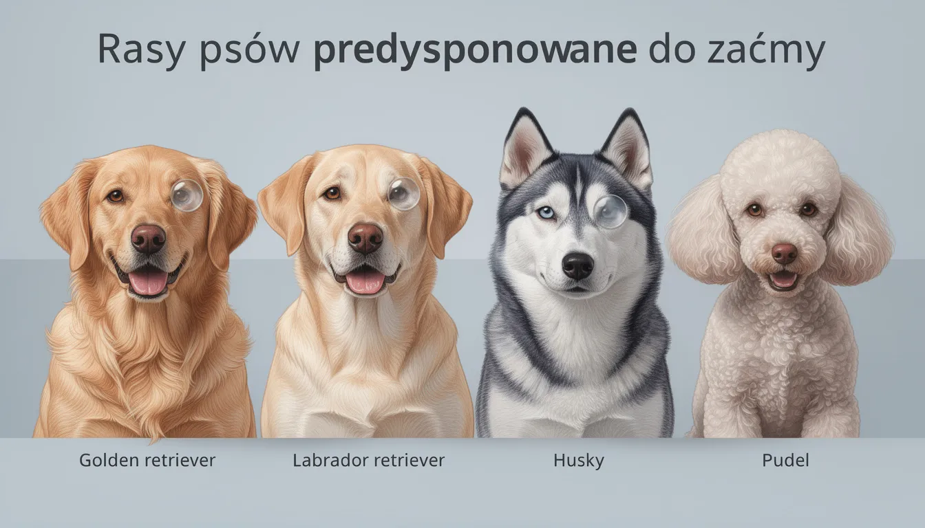 Na obrazku widoczne są różne rasy psów, w tym golden retriever, labrador, husky i pudel, które mogą być predysponowane do wystąpienia zaćmy. Psy te mogą doświadczać zmętnienia soczewki oka, co prowadzi do objawów takich jak utrata wzroku oraz potrzeba regularnych badań okulistycznych.