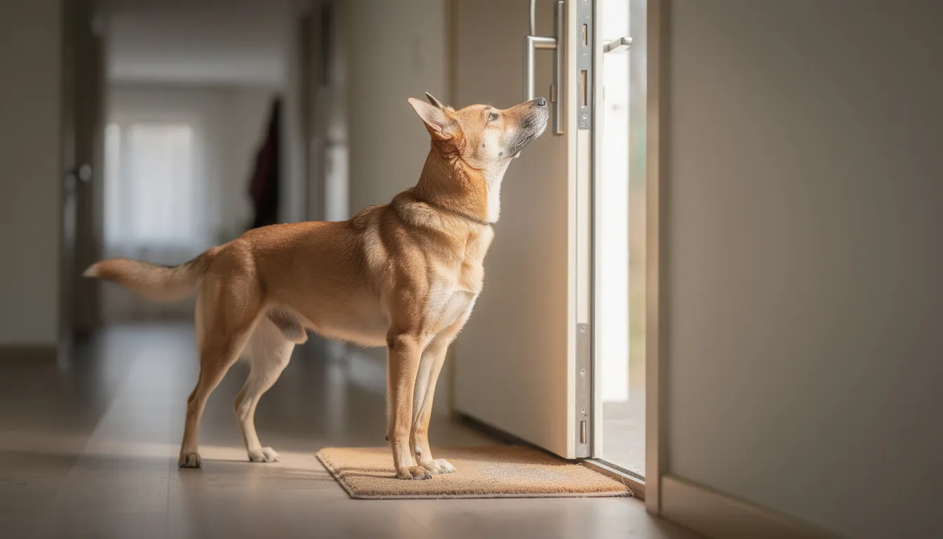 Na obrazku widoczny jest pies stojący przy drzwiach wejściowych, wpatrujący się w klamkę, co może sugerować, że chce wyjść na spacer lub czuje potrzebę interakcji. Takie zachowanie, jak piszczenie psa, może być wynikiem lęku separacyjnego lub chęci zwrócenia uwagi opiekuna.