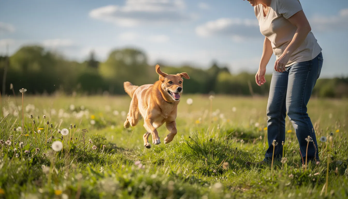 Na obrazku widzimy psa biegającego radośnie po zielonej łące w słoneczny dzień, podczas gdy jego właściciel obserwuje go z bliska. W tle można dostrzec błękitne niebo oraz delikatne chmurki, co tworzy przyjemną, letnią atmosferę.
