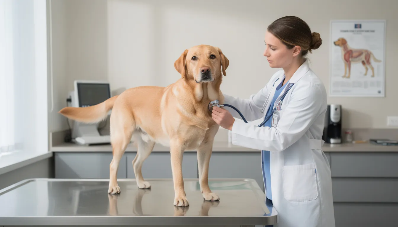 Na zdjęciu widoczny jest pies rasy labrador, który jest badany przez weterynarza. Lekarz osłuchuje klatkę piersiową psa, co może pomóc w wykryciu najczęstszych chorób psów oraz objawów, które mogą wymagać dalszej diagnostyki.