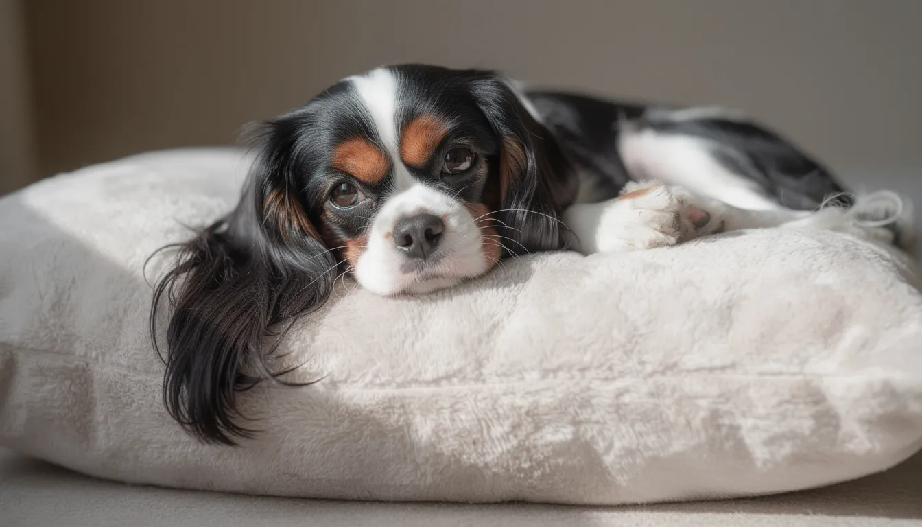 Na miękkiej poduszce leży Cavalier King Charles Spaniel o trójkolorowym umaszczeniu, charakteryzujący się przyjaznym usposobieniem. Ten mały pies rasy doskonale sprawdzi się w mieszkaniu, będąc idealnym towarzyszem dla osób mieszkających w blokach.