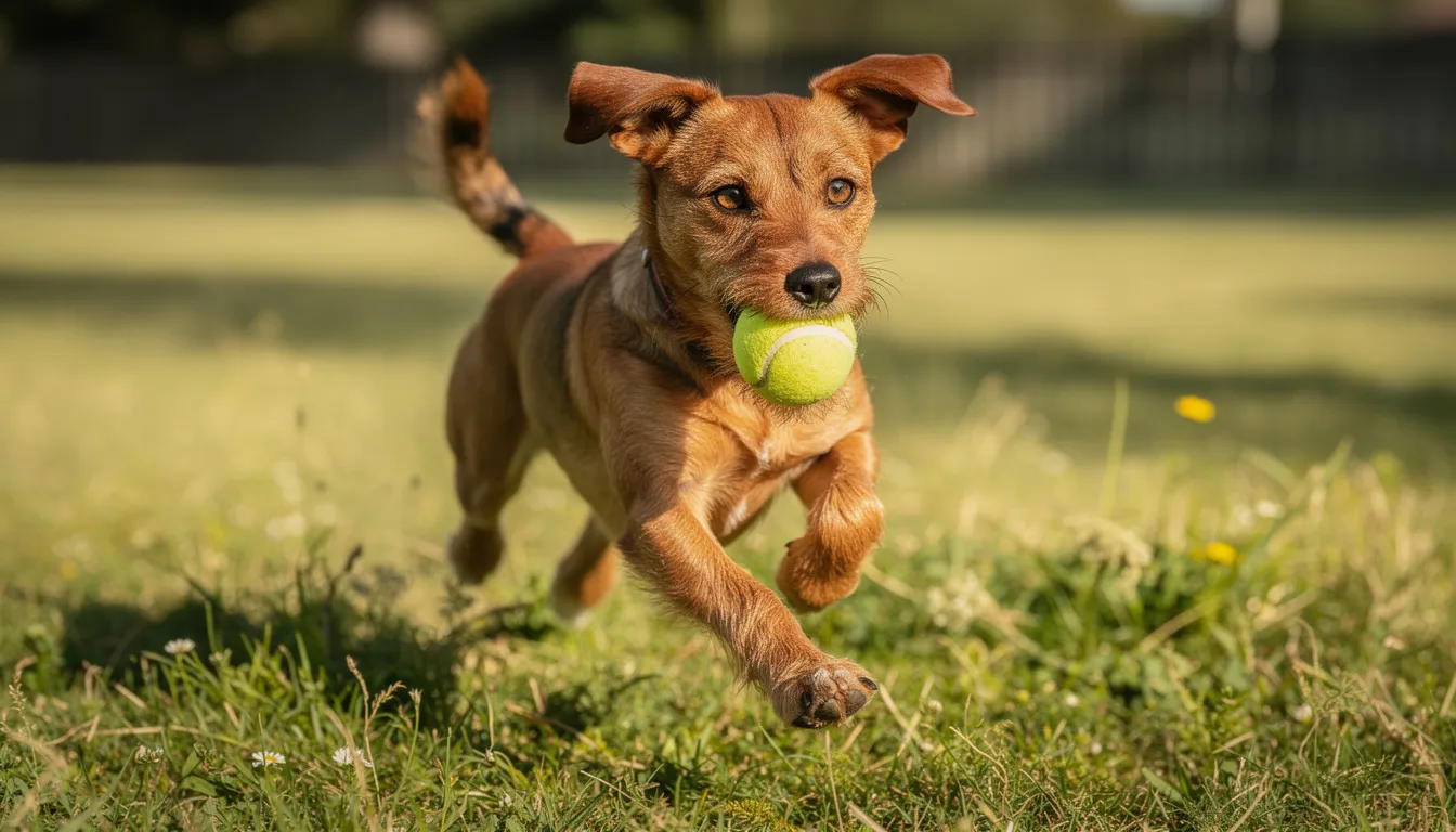 Mały brązowy patterdale terrier biegnie przez pole, trzymając w pysku piłkę, co podkreśla jego silny instynkt łowiecki i energiczny charakter. Dynamiczne ujęcie ukazuje radość i zwinność tego psa, który jest znany z mocnych szczęk i aktywnego stylu życia.