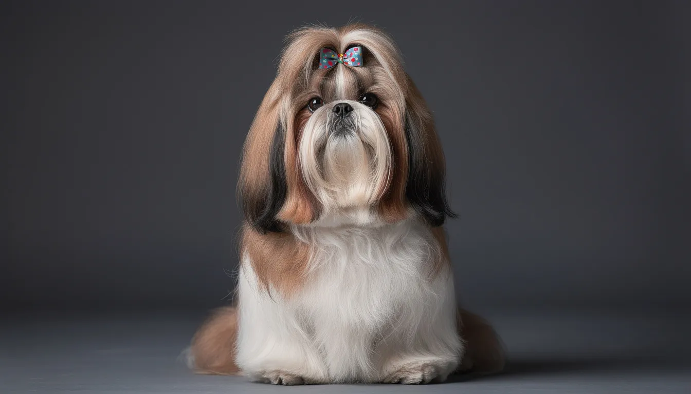 Na obrazku widoczny jest elegancki shih tzu z długą, spływającą sierścią, która podkreśla charakterystyczny wygląd rasy. Piesek ma na głowie kolorową kokardkę, co dodaje mu uroku i podkreśla jego piękny wygląd.