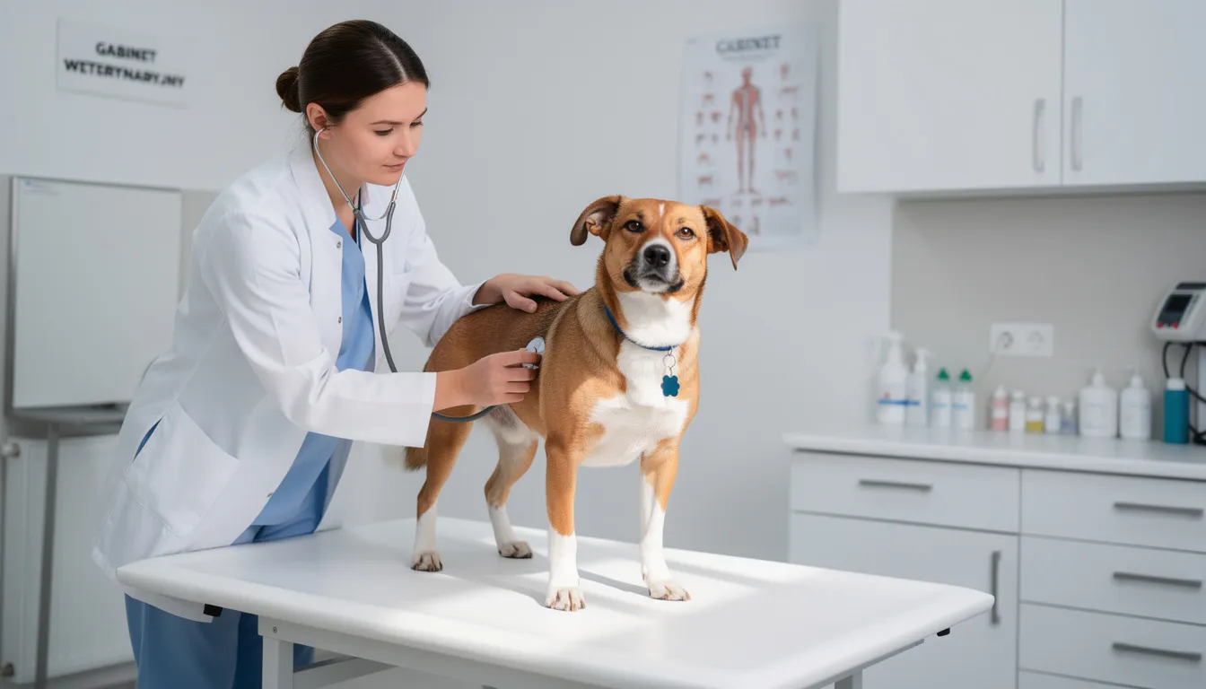 Na stole klinicznym weterynarz bada psa, który wykazuje nietypowe zachowanie, takie jak zjadanie ziemi. Specjalista sprawdza zdrowie pupila, aby wykluczyć problemy trawienne i niedobory składników odżywczych.