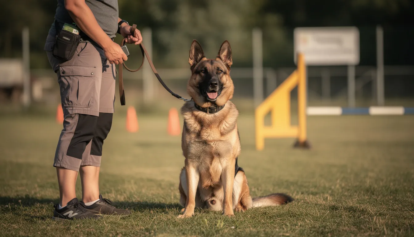 Na zdjęciu widoczny jest owczarek niemiecki w trakcie treningu posłuszeństwa, który wykonuje polecenia swojego właściciela. Pies ma na sobie obrożę zaciskową, co zapewnia mu komfort i bezpieczeństwo podczas nauki.