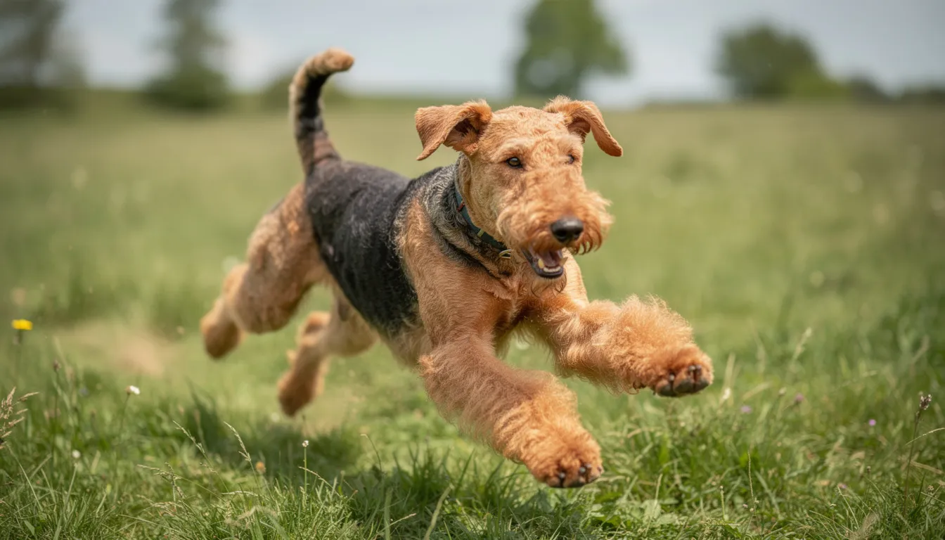 Airedale terrier w ruchu, biegnący przez trawę z charakterystycznym sprężystym krokiem, ukazuje swoją zwinność i radosne usposobienie. Jego sierść jest gęsta i szorstka, co jest typowe dla tej rasy psów.
