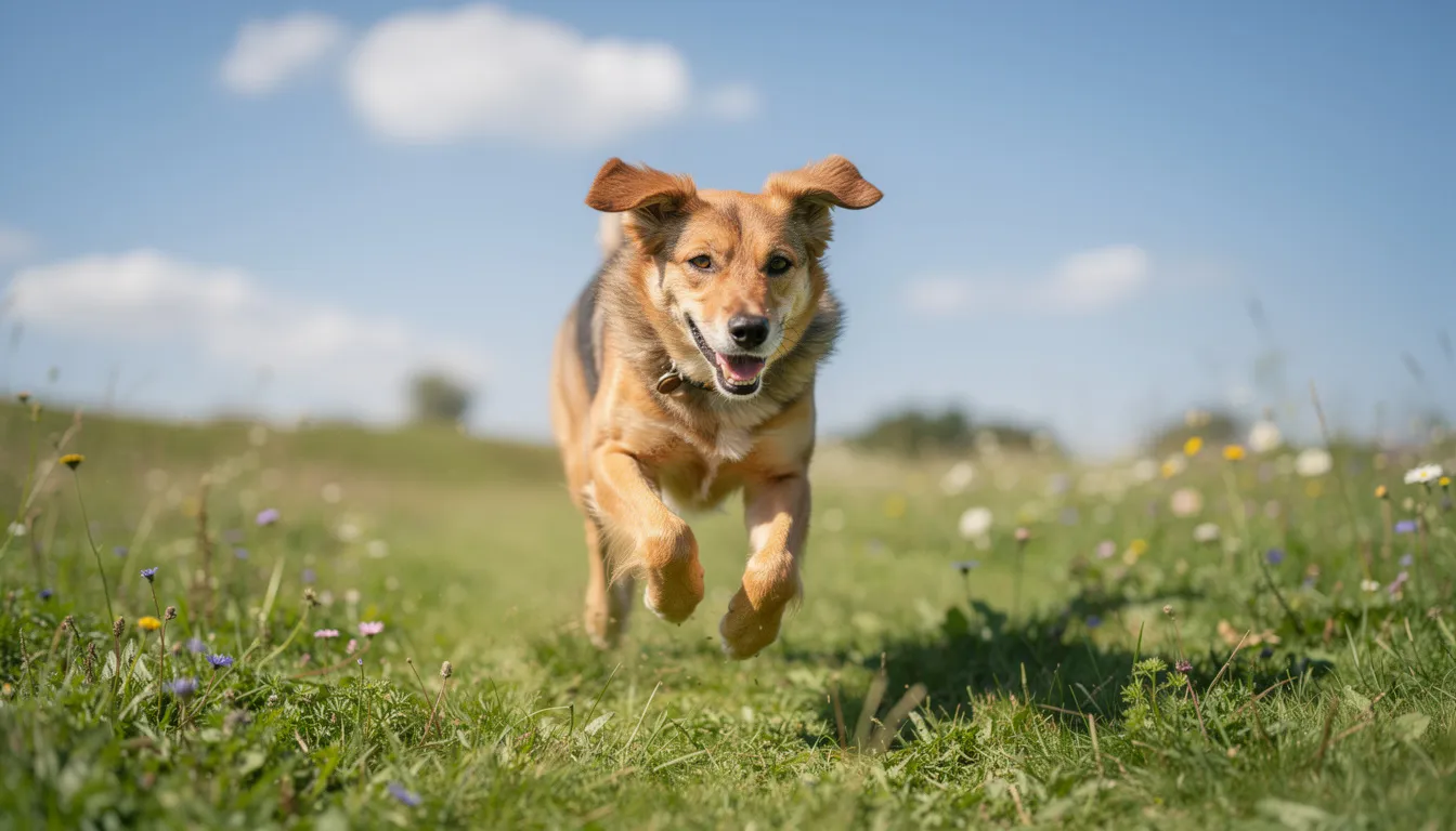 Na zdjęciu widać zdrowego dorosłego psa, który radośnie biega po zielonej łące. Regularne szczepienia psa są kluczowe dla jego zdrowia i ochrony przed chorobami zakaźnymi.