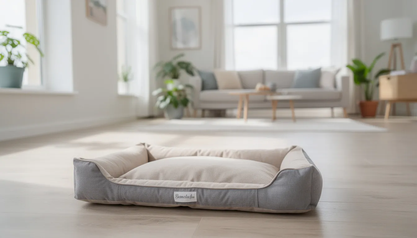 Na obrazie widać czyste legowisko dla psa umieszczone w jasnym, zadbanym mieszkaniu. W tle można dostrzec przytulne elementy wystroju, które tworzą komfortową atmosferę dla pupila, co sprzyja jego zdrowiu i dobremu samopoczuciu.