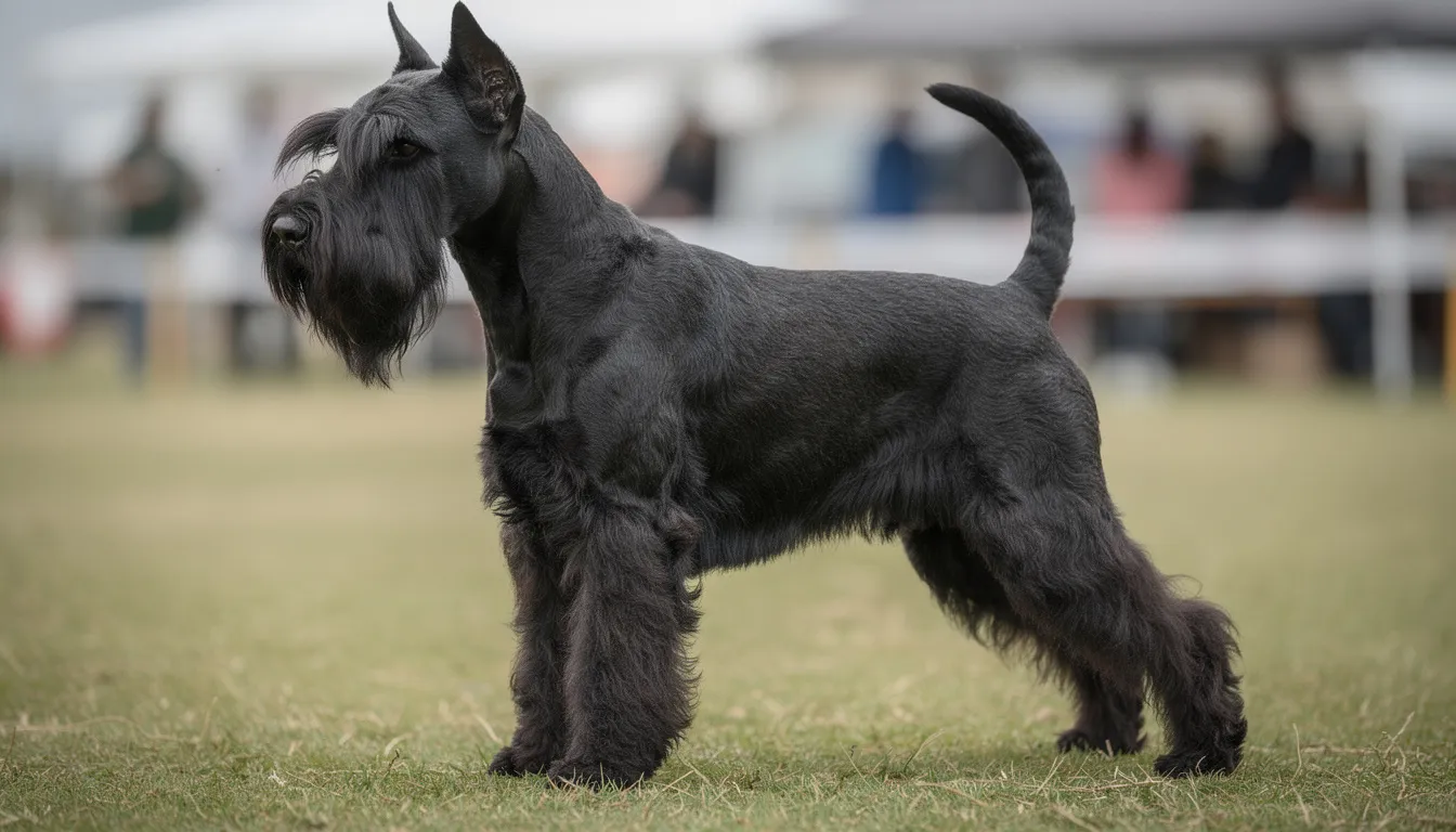 Na zdjęciu widoczny jest sznaucer olbrzym, duży pies o charakterystycznej brodzie i krzaczastych brwiach, stojący w pozycji pokazowej. Jego sierść jest gęsta i szorstka, co podkreśla jego mocny wygląd, a oczy wyrażają towarzyskie usposobienie.