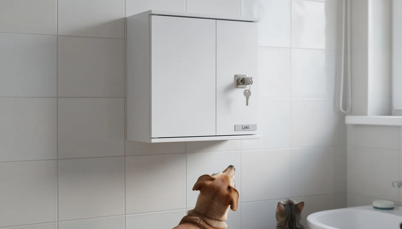 Na zdjęciu znajduje się szafka łazienkowa z zamkiem, która chroni leki przed dostępem zwierząt, co jest szczególnie ważne dla właścicieli psów, aby zapobiec zatruciu ich czworonożnych przyjaciół. Szafka ta pomaga uniknąć sytuacji, w których pies mógłby połknąć toksyczne substancje lub trutki, co może zagrażać jego życiu.