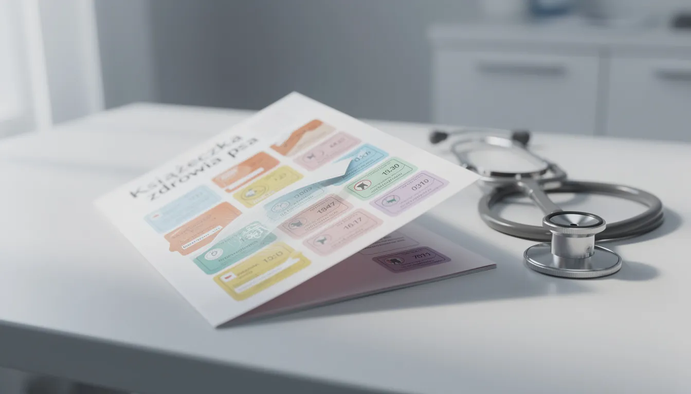 Na zdjęciu znajduje się książeczka zdrowia psa z naklejkami ze szczepionek, leżąca obok stetoskopu weterynaryjnego. Dokument ten zawiera informacje na temat obowiązkowych szczepień psów, w tym szczepienia przeciwko wściekliźnie oraz kalendarz szczepień, co jest istotne dla ochrony zdrowia zwierząt.