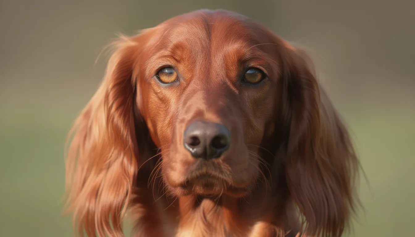 Zbliżenie na głowę setera irlandzkiego, ukazujące jego jedwabistą sierść oraz łagodny wyraz oczu. Pies tej rasy charakteryzuje się przyjaznym usposobieniem i wspaniałą sylwetką, co czyni go doskonałym towarzyszem dla rodzin.