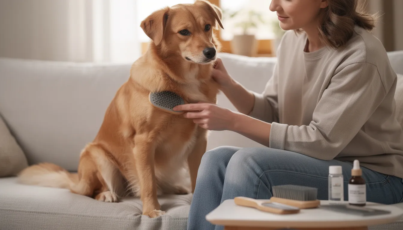 Na zdjęciu widać psa, który jest czesany przez swojego właściciela, a jednocześnie kontrolowana jest jego skóra w celu wykrycia ewentualnych zmian skórnych, które mogą wskazywać na czerniaka u psa. Właściciel zwraca uwagę na wszelkie niepokojące objawy, co jest istotne dla wczesnego wykrycia czerniaka i poprawy ogólnego stanu zdrowia zwierzęcia.