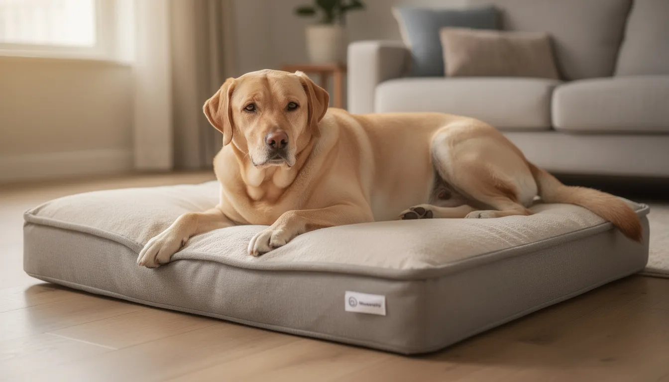 Na ortopedycznym legowisku leży pies rasy labrador, który wydaje się być w pełni zrelaksowany. Odpowiednie legowisko zapobiega powstawaniu modzeli w okolicy stawu łokciowego, co jest istotne dla zdrowia jego skóry.