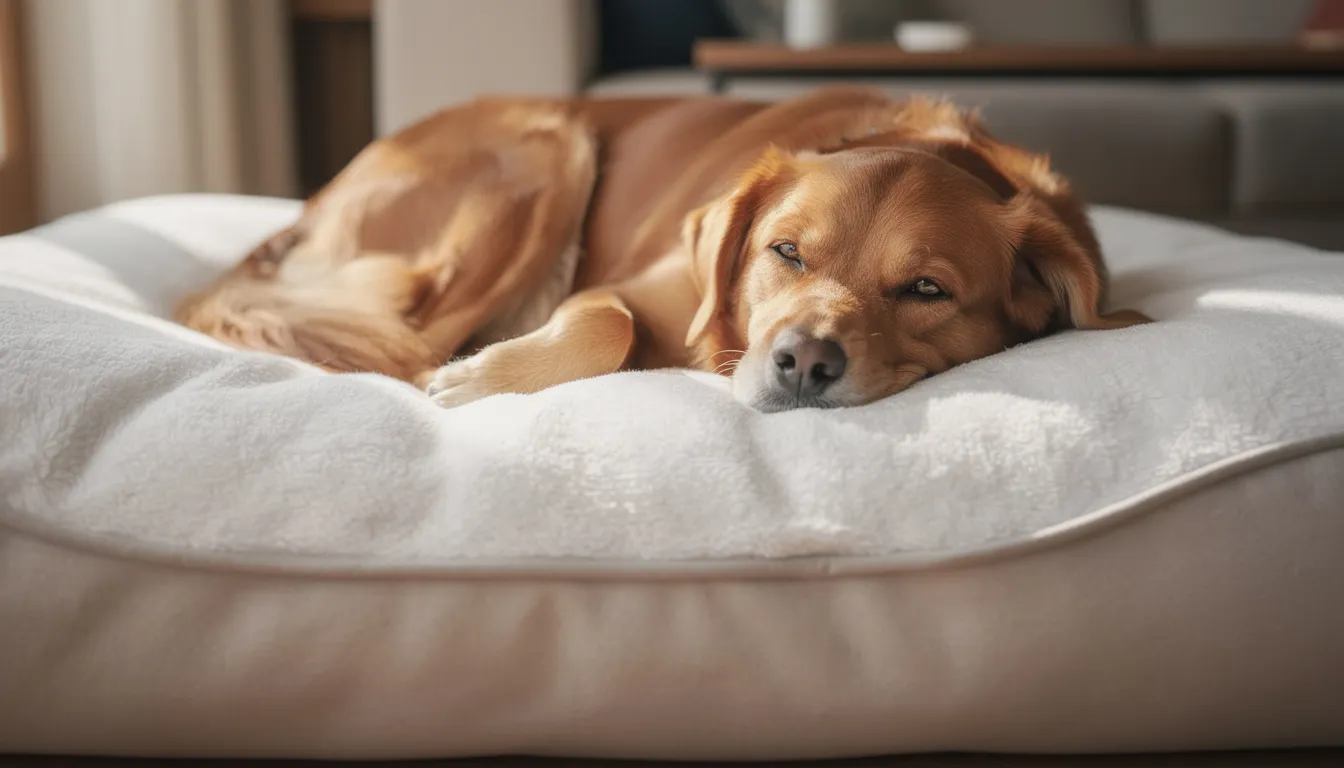 Na zdjęciu widoczny jest pies leżący na czystym, świeżo wypranym legowisku. Jego spokojna postawa sugeruje komfort, co może być istotne w kontekście pielęgnacji skóry psa, zwłaszcza w przypadku problemów takich jak swędzenie skóry czy atopowe zapalenie skóry.