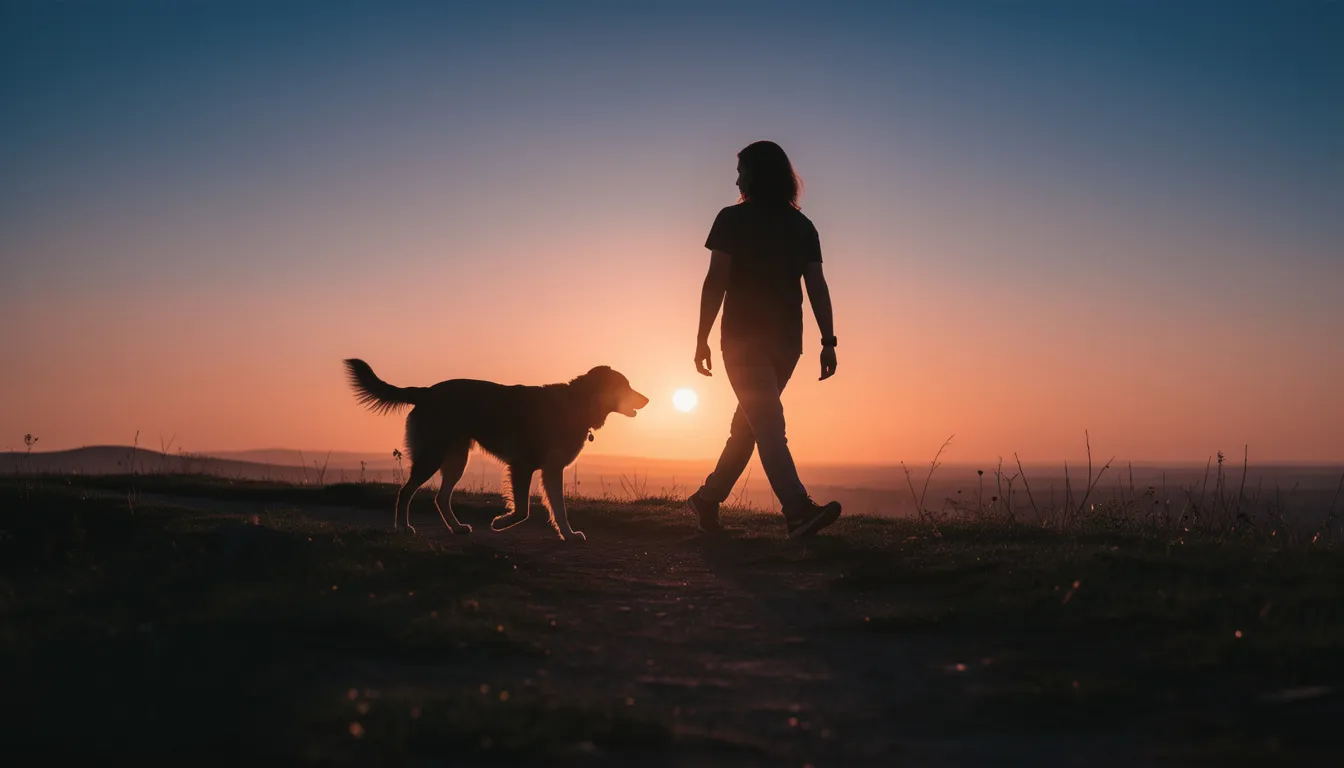 Na tle zachodzącego słońca widoczne są sylwetki psa i jego właściciela spacerujących razem o zmierzchu. Ich kontury tworzą piękny obraz, w którym psy widzą świat w odcieniach szarości, a właściciele czworonogów cieszą się chwilą relaksu w warunkach słabego oświetlenia.