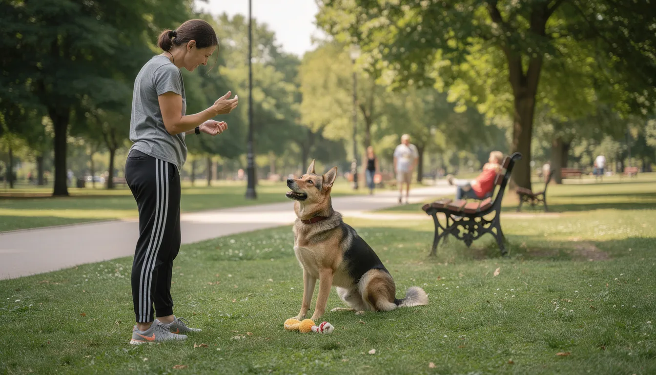 W parku właściciel psa ćwiczy komendę „zostaw” z czworonogiem, który z zainteresowaniem obserwuje otoczenie. W tle widać zieleń drzew oraz inne osoby spacerujące z psami, co tworzy przyjemną atmosferę.