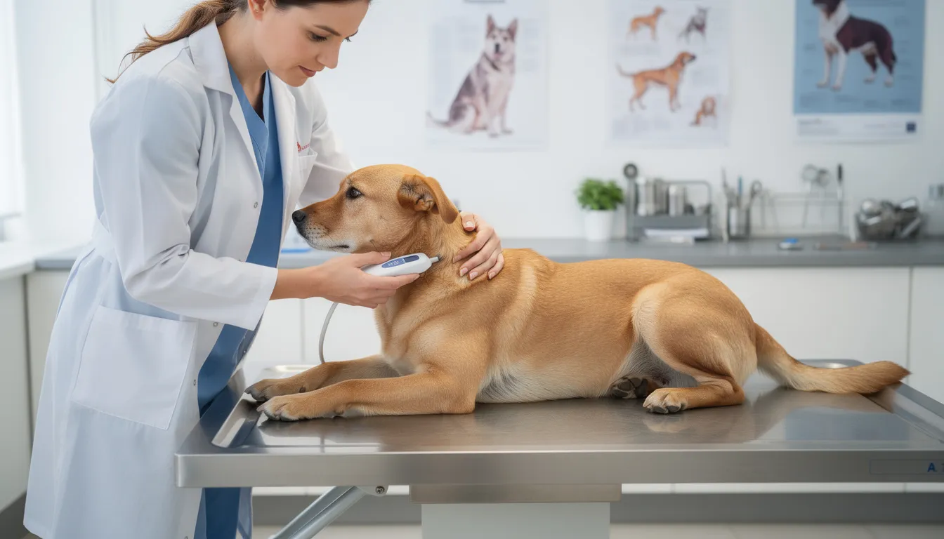 Na zdjęciu widać psa leżącego spokojnie na stole weterynaryjnym, podczas gdy weterynarz sprawdza jego temperaturę. W tle można dostrzec narzędzia medyczne, co sugeruje, że pies może być poddawany badaniu w celu wykrycia potencjalnych infekcji bakteryjnych lub ropni.