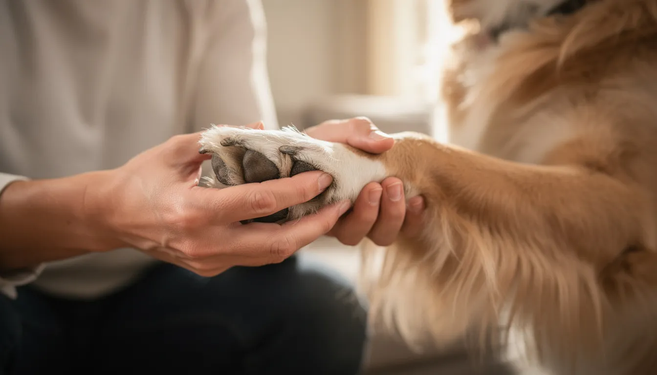 Właściciel delikatnie opatruje łapę psa, trzymając ją w dłoniach. Pies w tym czasie intensywnie liże łapy, co może być oznaką niepokoju lub podrażnienia.